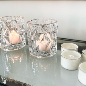 Pair of Faceted Deep Cut Crystal Candle Tea Light Holders w/6 Tea Lights